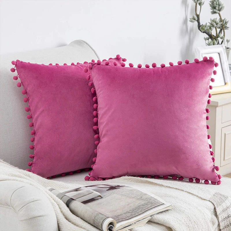 Square Velvet Pom-Pom Trim Throw Pillow Cover
