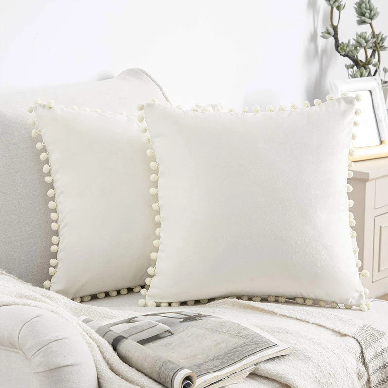 Square Velvet Pom-Pom Trim Throw Pillow Cover