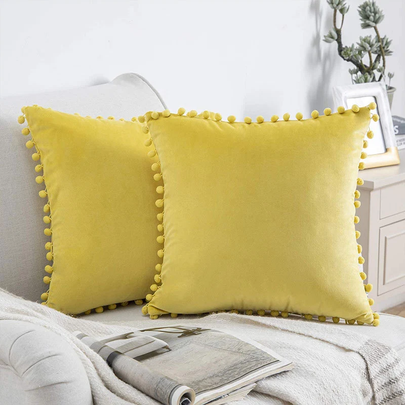 Square Velvet Pom-Pom Trim Throw Pillow Cover