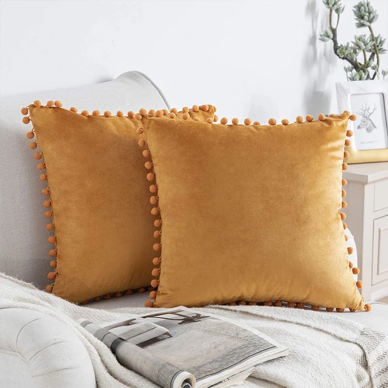 Square Velvet Pom-Pom Trim Throw Pillow Cover