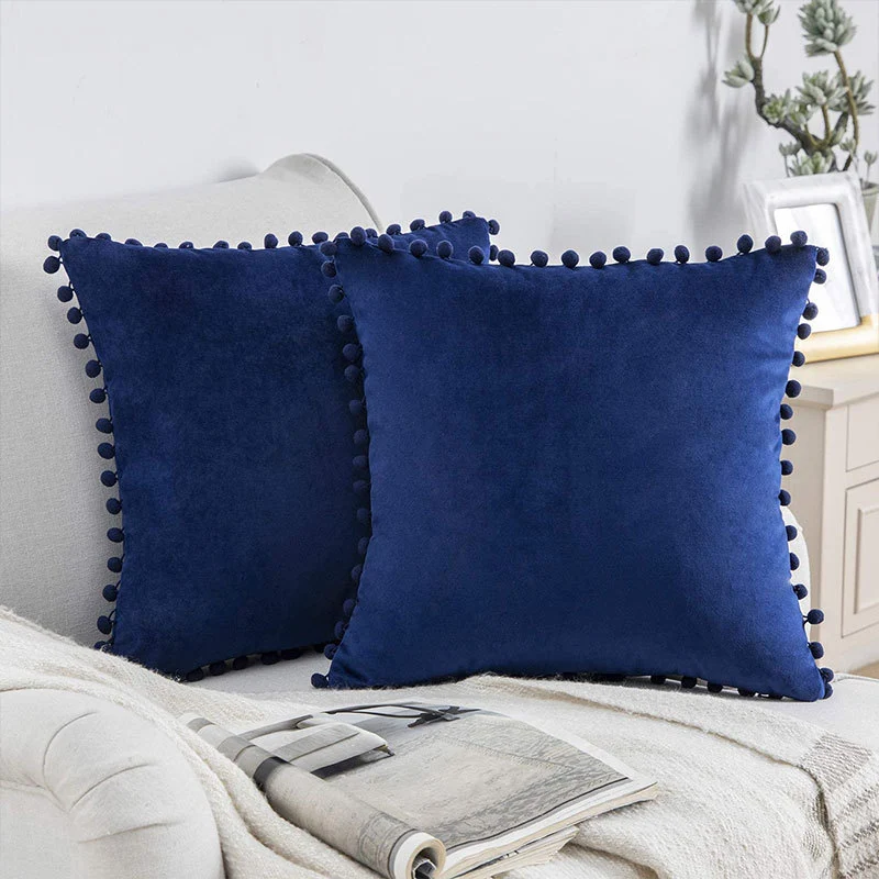 Square Velvet Pom-Pom Trim Throw Pillow Cover