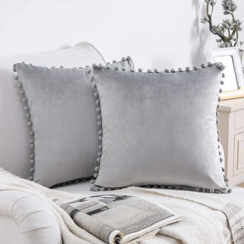 Square Velvet Pom-Pom Trim Throw Pillow Cover