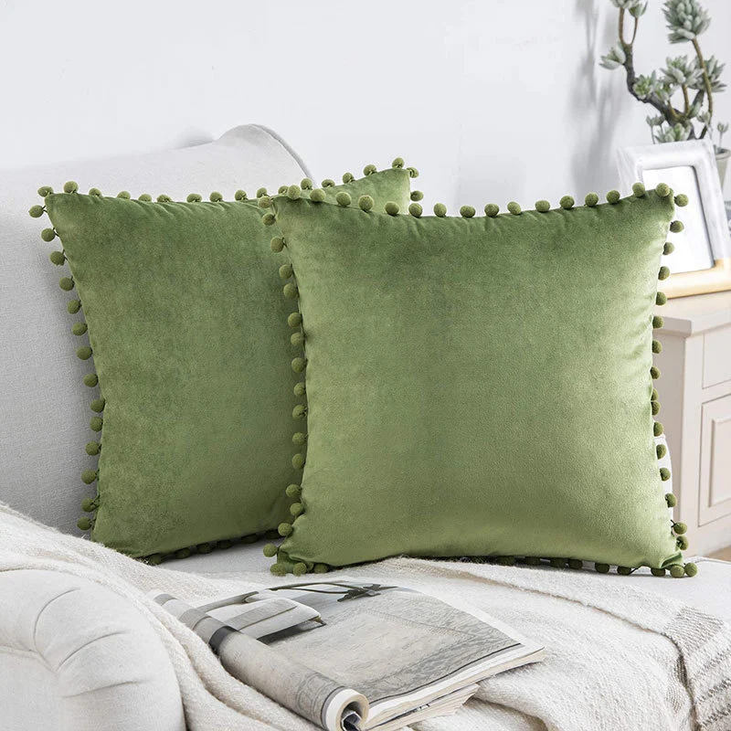 Square Velvet Pom-Pom Trim Throw Pillow Cover