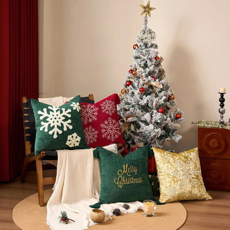 Square Velvet Embroidered Snowflake Pillow Cover with Corner Tassels