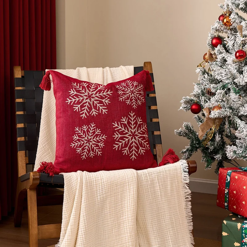 Square Velvet Embroidered Snowflake Pillow Cover with Corner Tassels