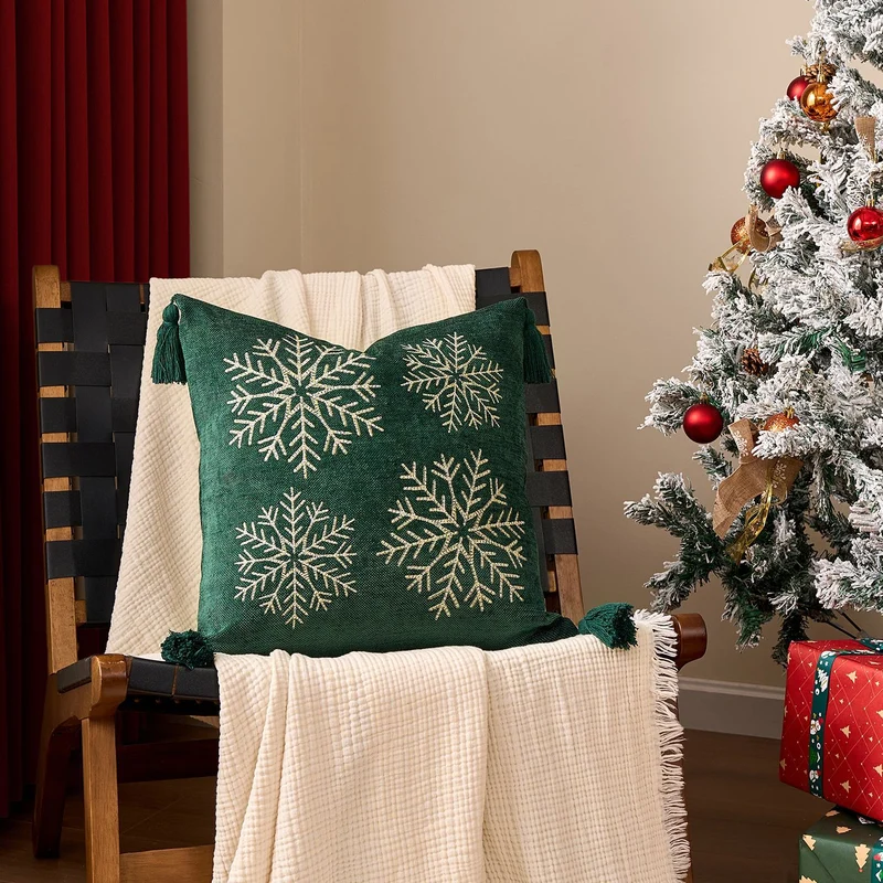Square Velvet Embroidered Snowflake Pillow Cover with Corner Tassels