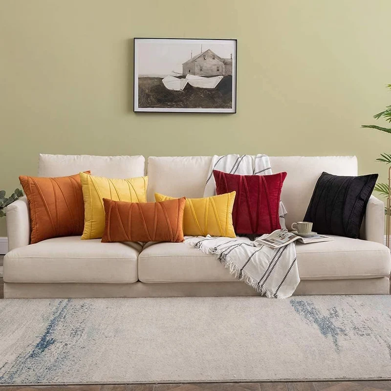 Square Velvet Corded Vertical Pleat Throw Pillow Cover with Hidden Zipper
