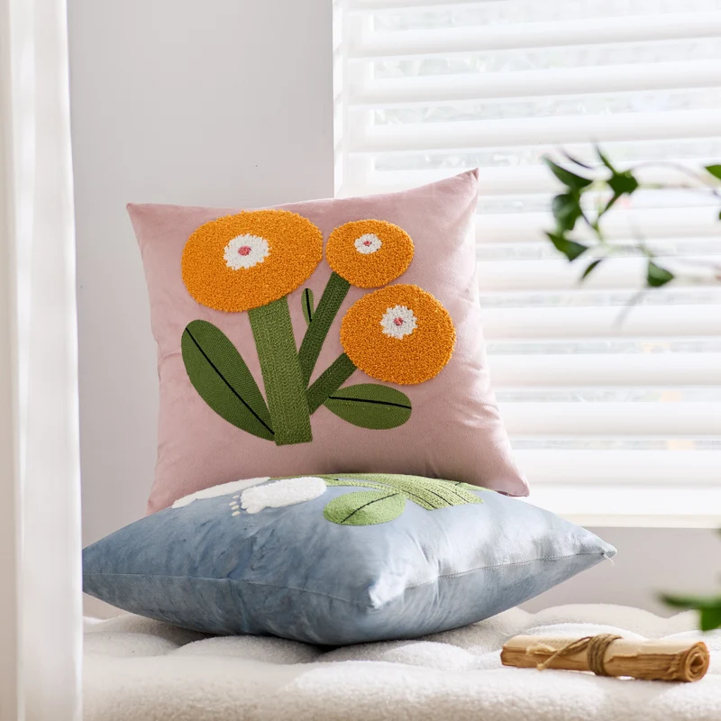 Square Velvet Appliqué Tufted Floral Accent Throw Pillow