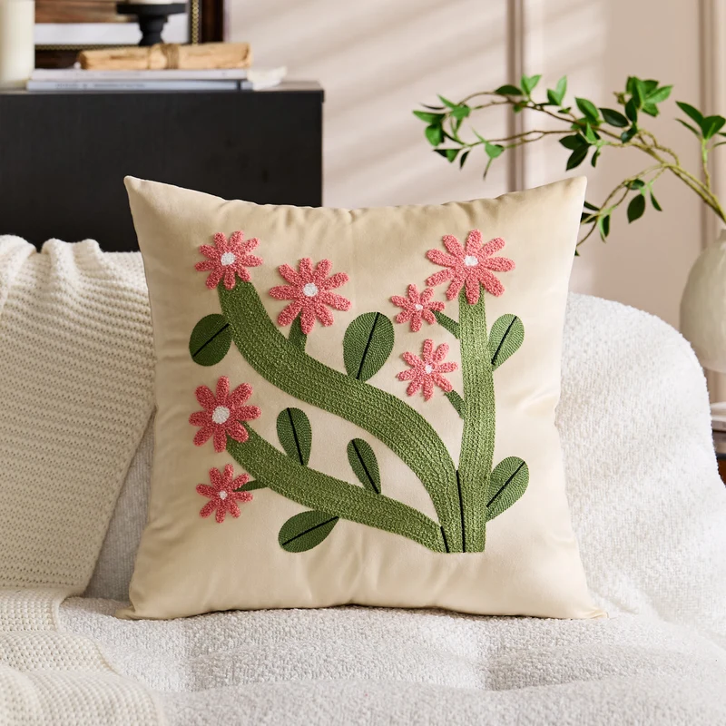 Square Velvet Appliqué Tufted Floral Accent Throw Pillow