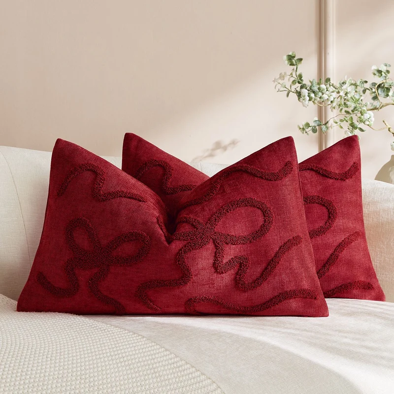 Square Textured Loop-Appliqué Linen-Blend Accent Pillow Cover