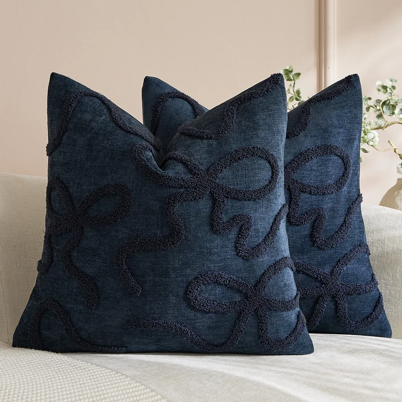 Square Textured Loop-Appliqué Linen-Blend Accent Pillow Cover