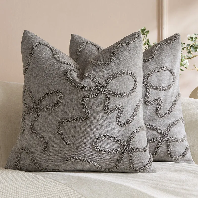 Square Textured Loop-Appliqué Linen-Blend Accent Pillow Cover