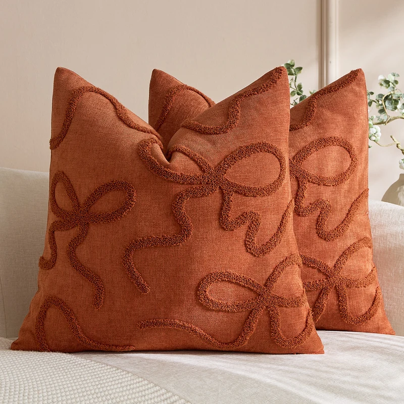 Square Textured Loop-Appliqué Linen-Blend Accent Pillow Cover