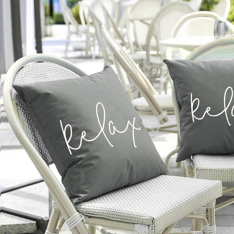 Square Script 'Relax' Outdoor-Ready Throw Pillow Cover with Hidden Zipper