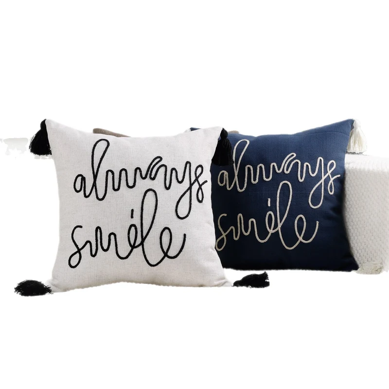 Square Linen-Blend Rope Embroidered Tassel Accent Pillow Cover