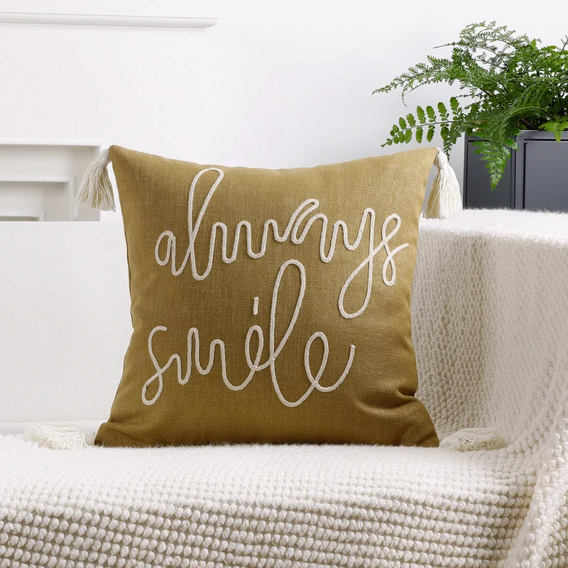 Square Linen-Blend Rope Embroidered Tassel Accent Pillow Cover