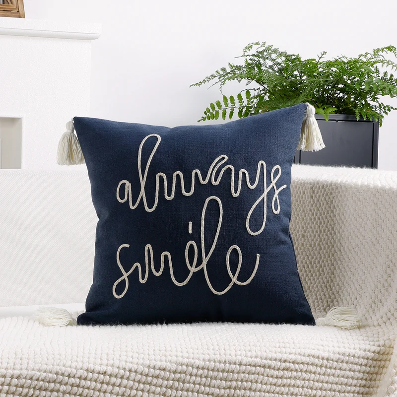 Square Linen-Blend Rope Embroidered Tassel Accent Pillow Cover