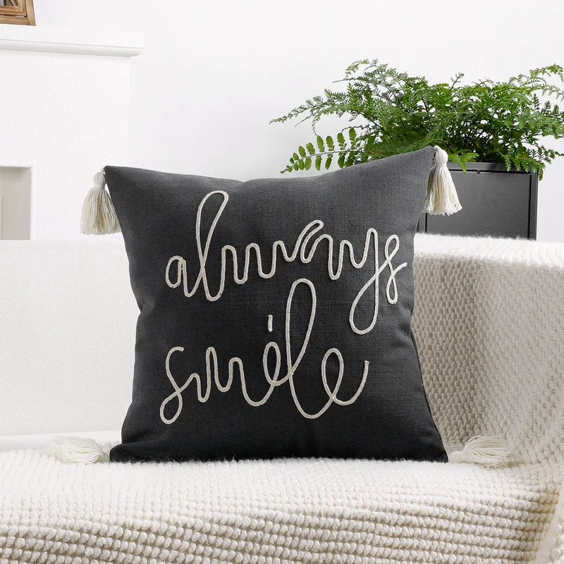 Square Linen-Blend Rope Embroidered Tassel Accent Pillow Cover
