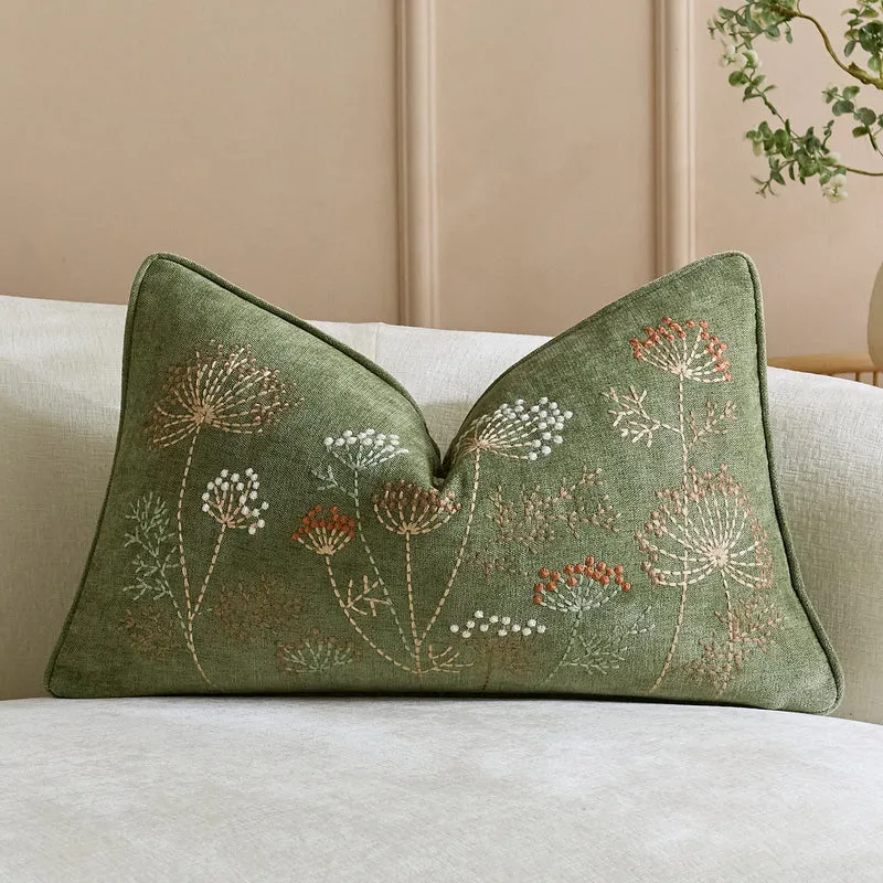 Square Embroidered Linen-Blend Decorative Throw Pillow Cover with Piped Edge