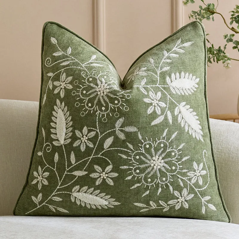 Square Embroidered Linen-Blend Decorative Throw Pillow Cover with Piped Edge