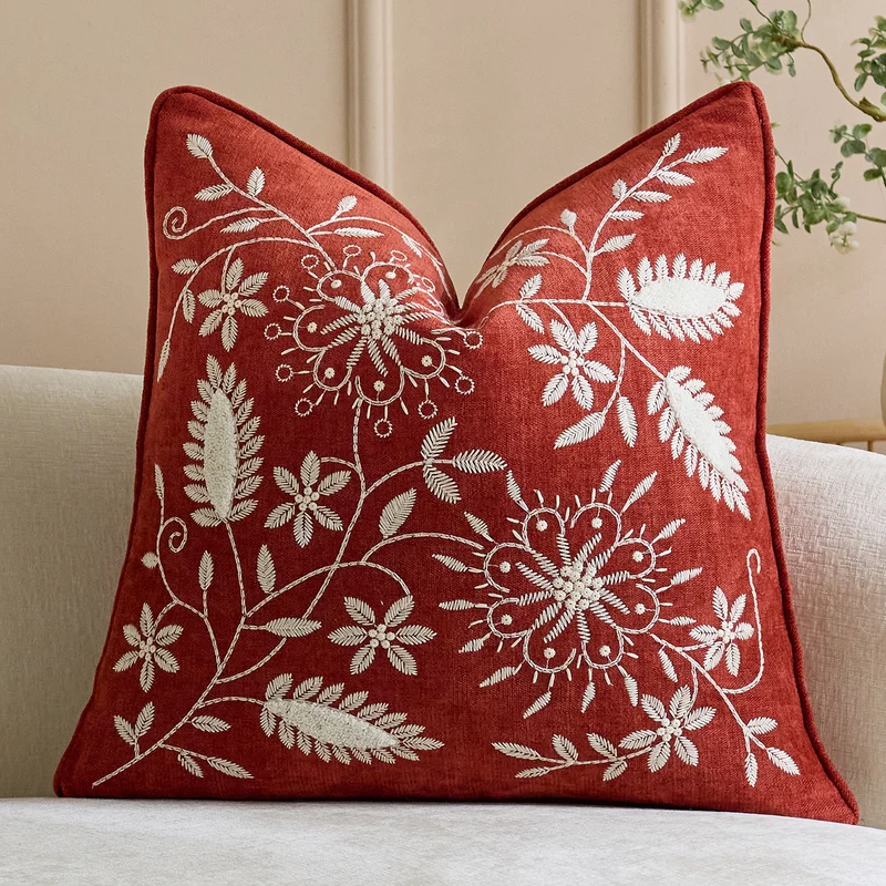 Square Embroidered Linen-Blend Decorative Throw Pillow Cover with Piped Edge