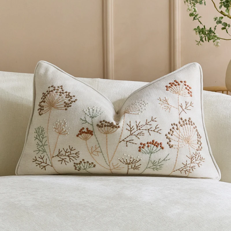 Square Embroidered Linen-Blend Decorative Throw Pillow Cover with Piped Edge