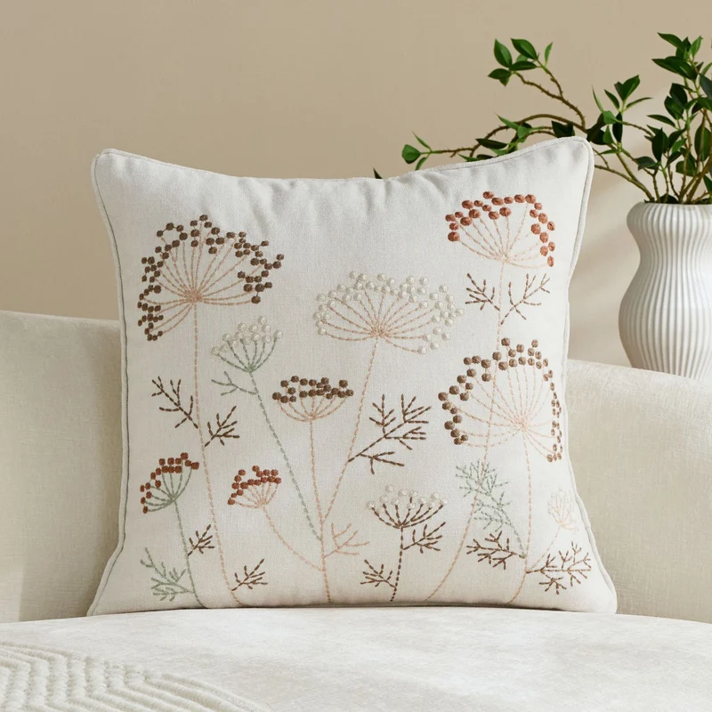 Square Embroidered Botanical Linen-Blend Accent Pillow Cover with Hidden Zipper