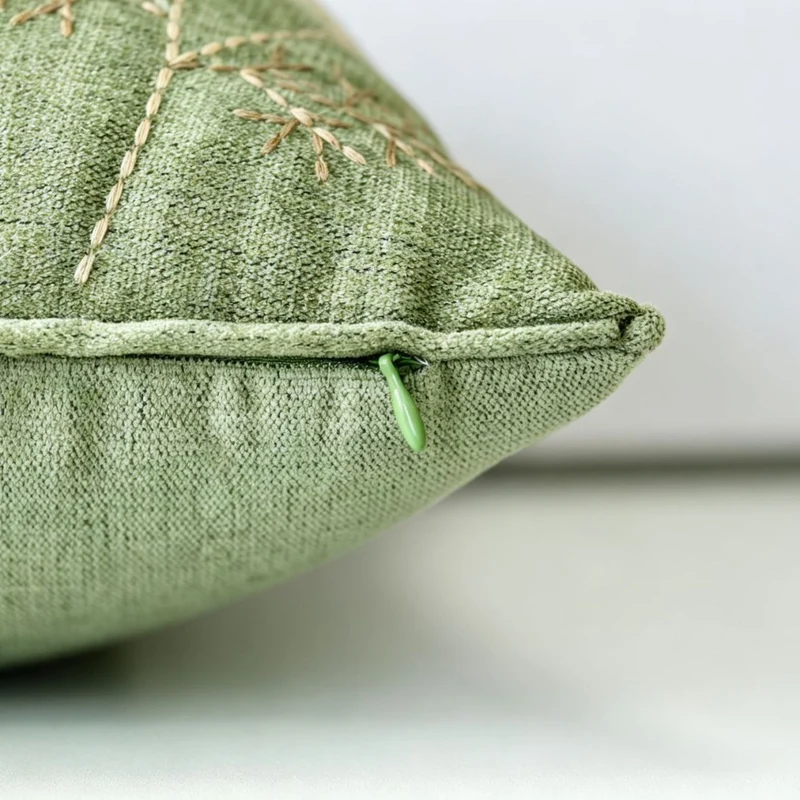 Square Embroidered Botanical Linen-Blend Accent Pillow Cover with Hidden Zipper