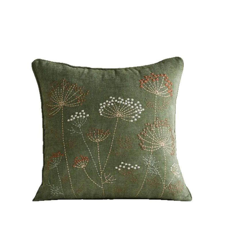 Square Embroidered Botanical Linen-Blend Accent Pillow Cover with Hidden Zipper
