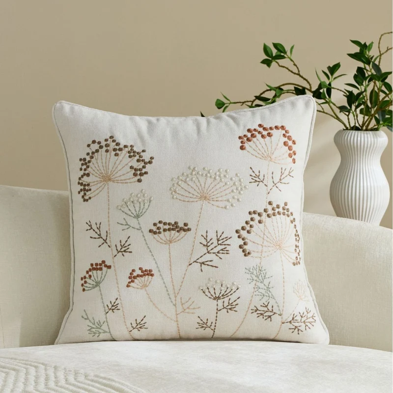 Square Embroidered Botanical Linen-Blend Accent Pillow Cover with Hidden Zipper