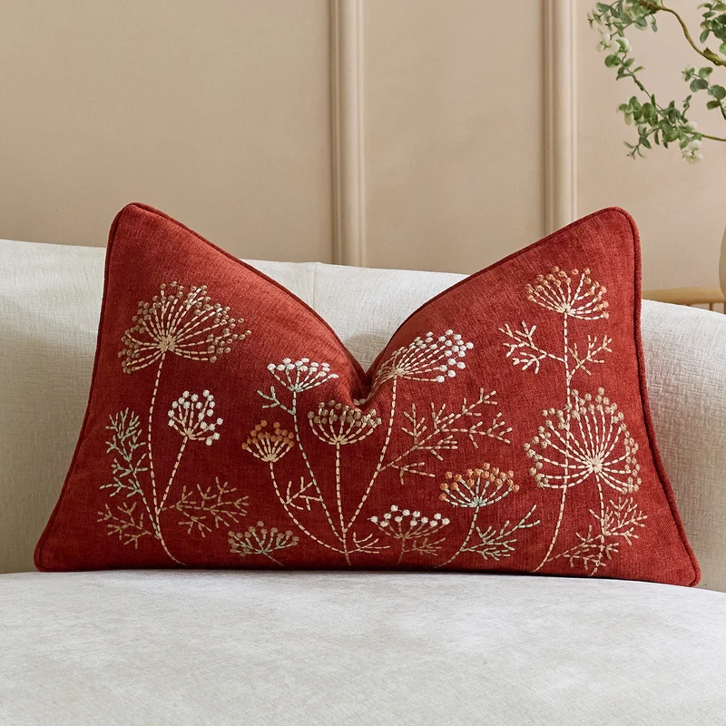 Square Embroidered Botanical Linen-Blend Accent Pillow Cover with Hidden Zipper