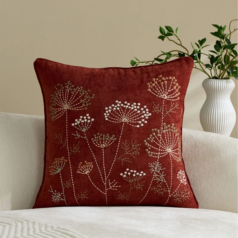 Square Embroidered Botanical Linen-Blend Accent Pillow Cover with Hidden Zipper