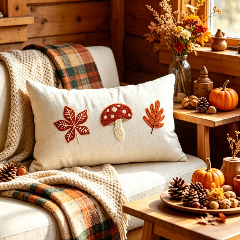 Square Embroidered Autumn Mushroom & Oak Leaf Textured Cotton-Linen Throw Pillow Cover with Hidden Zipper