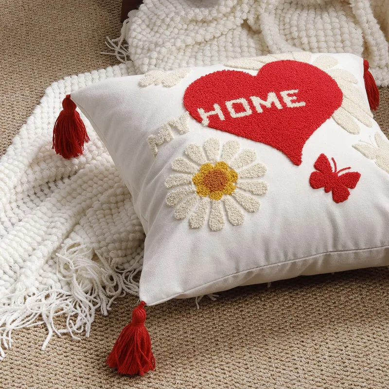 Square Decorative Pillow Cover with Fuzzy Heart Appliqué and Tassel Corners