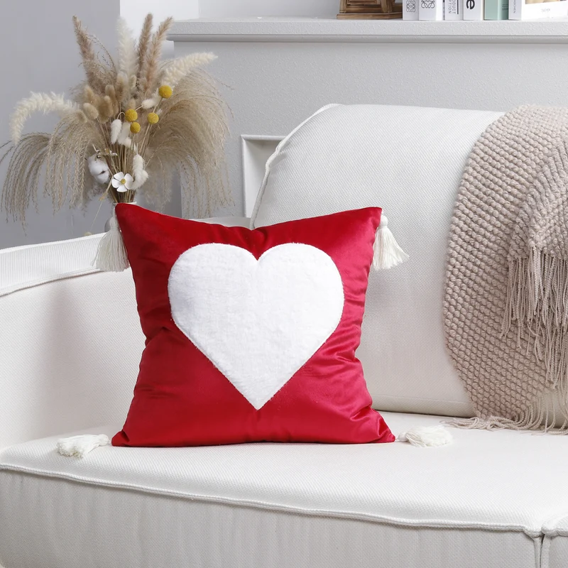 Square Decorative Pillow Cover with Fuzzy Heart Appliqué and Tassel Corners