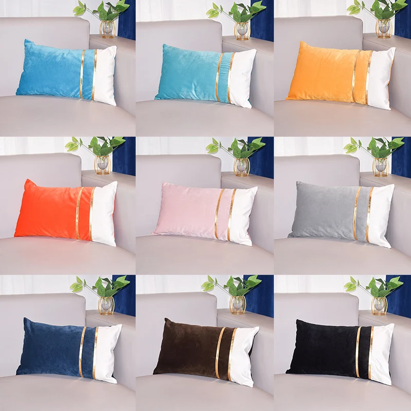Rectangular Velvet-Blend Lumbar Cushion Cover with Dual Metallic Gold Bands