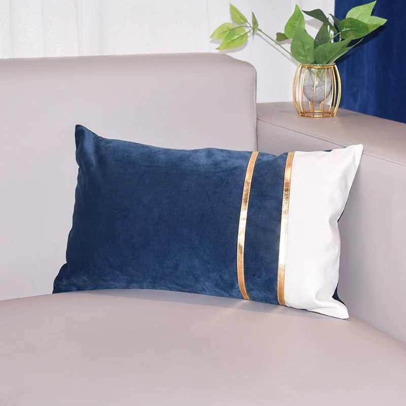 Rectangular Velvet-Blend Lumbar Cushion Cover with Dual Metallic Gold Bands