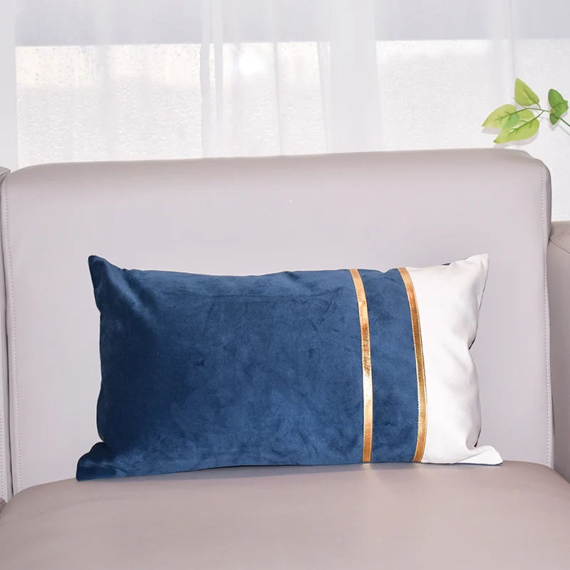 Rectangular Velvet-Blend Lumbar Cushion Cover with Dual Metallic Gold Bands