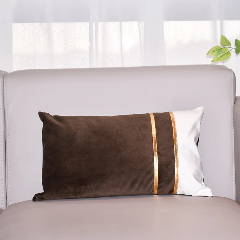 Rectangular Velvet-Blend Lumbar Cushion Cover with Dual Metallic Gold Bands