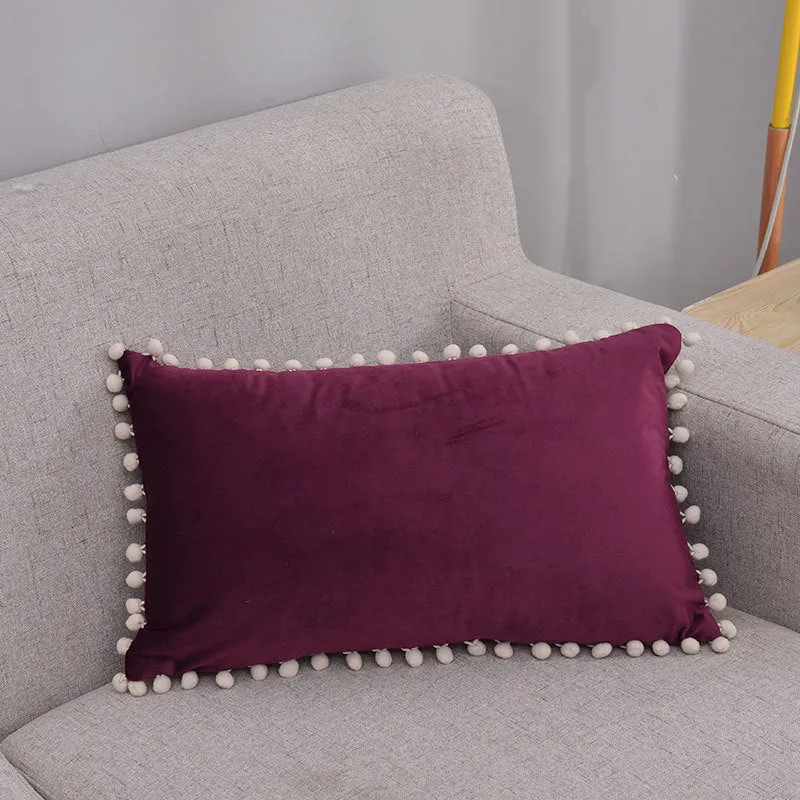 Rectangular Pom-Pom Trim Lumbar Pillow Cover Cotton-Linen Blend with Hidden Zipper