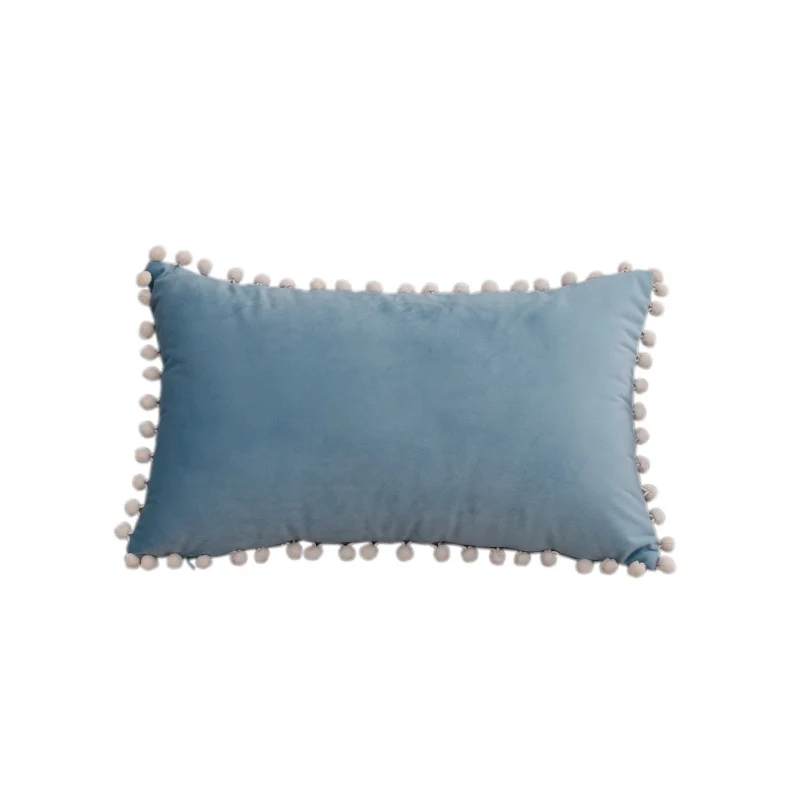 Rectangular Pom-Pom Trim Lumbar Pillow Cover Cotton-Linen Blend with Hidden Zipper