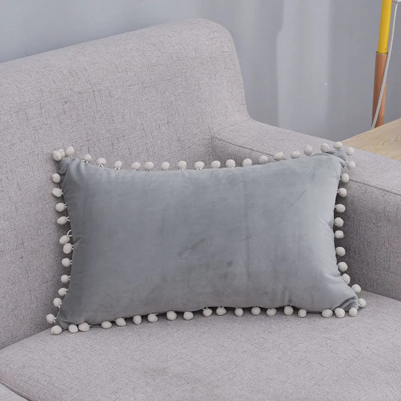 Rectangular Pom-Pom Trim Lumbar Pillow Cover Cotton-Linen Blend with Hidden Zipper