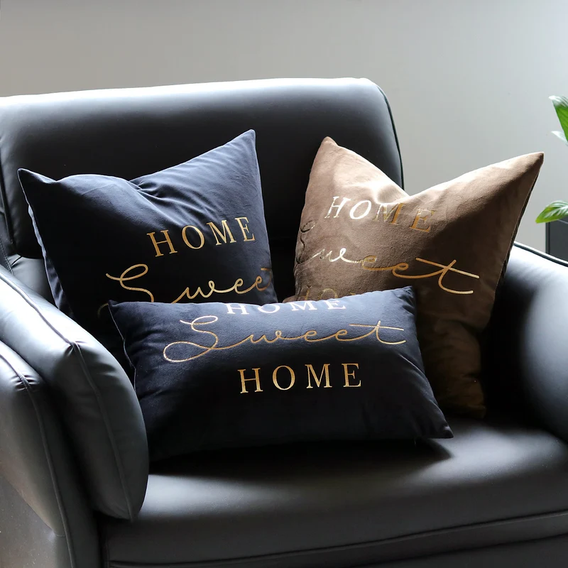 Rectangular Embroidered Slogan Throw Pillow Cover with Metallic Script Accent