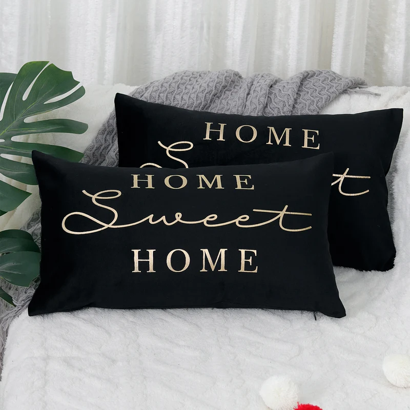 Rectangular Embroidered Slogan Throw Pillow Cover with Metallic Script Accent