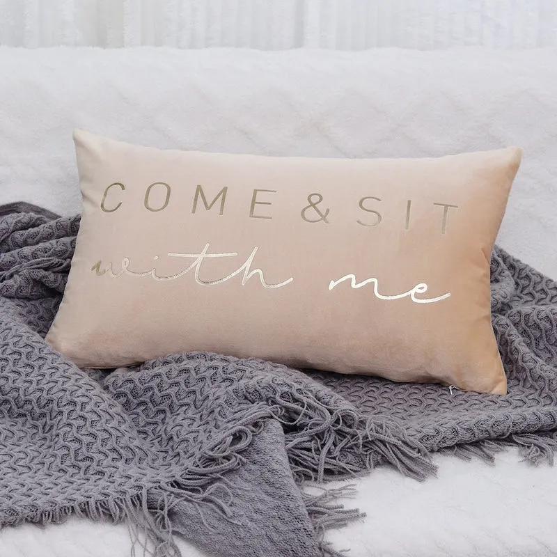 Rectangular Embroidered Slogan Throw Pillow Cover with Metallic Script Accent