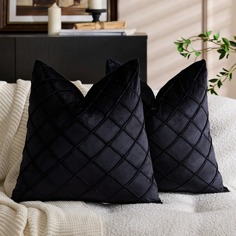Quilted Diamond Velvet Throw Pillow Cover with Hidden Zipper and Plush Insert Support