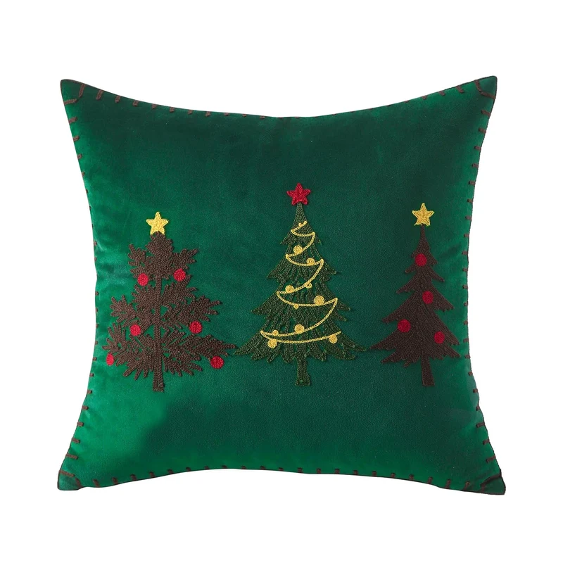 Plush Velvet Square Accent Pillow Cover with Hand-Stitched Christmas Tree Embroidery and Blanket-Stitch Edge