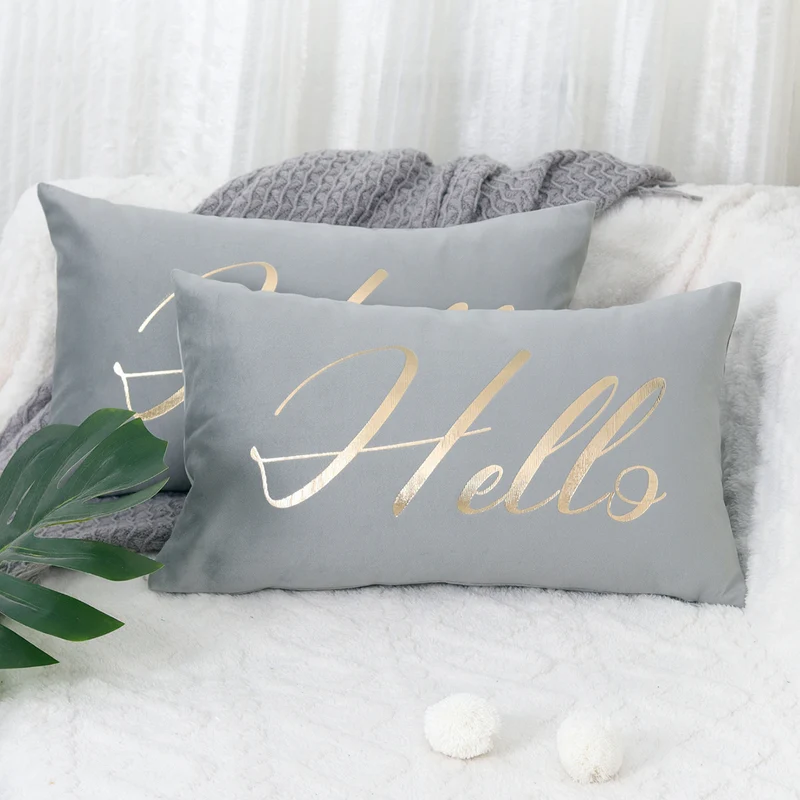 Plush Velvet Rectangular Lumbar Accent Pillow with Metallic Script Embroidery and Hidden Zip