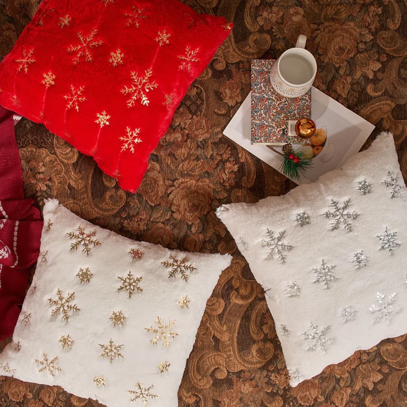 Plush Holiday Sequin Snowflake Accent Pillow Cover