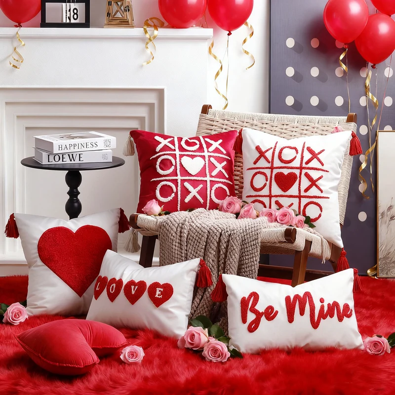 Plush Heart Appliqué Tassel Corner Decorative Throw Pillow Cover